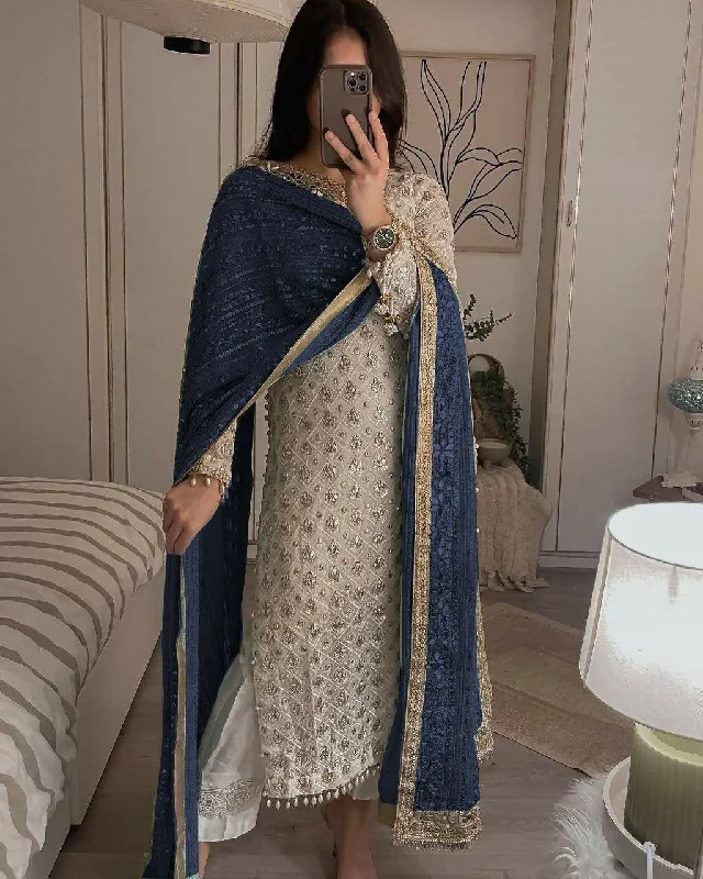 Preksha Creation Indian Fancy Faux Georgette Sequence Embroidered Work Top and Pant With Dupatta - Dark Blue Formal Linen Trousers