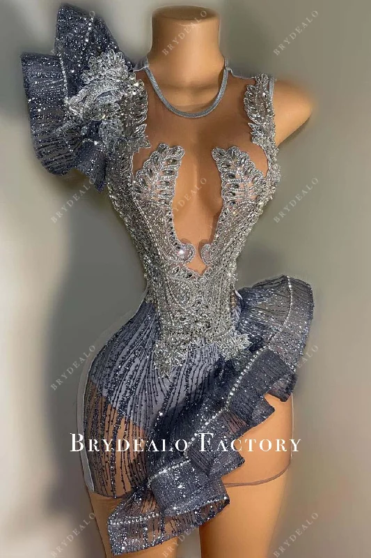 Rhinestones Asymmetric Ruffles Blue Mini Length Dress Tunics Mesh breathable