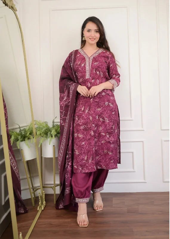 Indian Fashion Women Wine Embroidery Viscose Rayon Kurta, Pant And Dupatta Set Stylish Casual Pants
