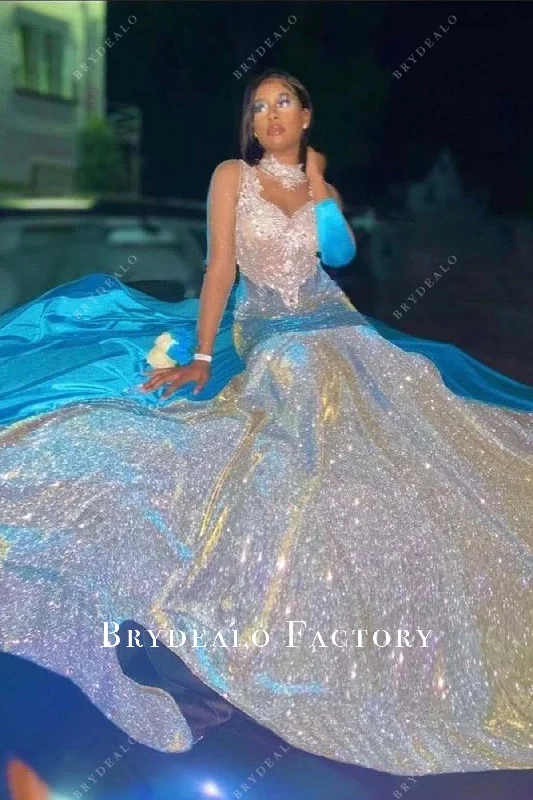Choker Neck Two-tone Mermaid Prom Dress Tunics Denim casual