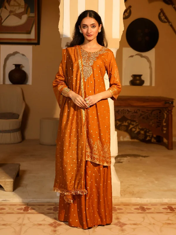 Juniper Women's The Swarn Mustard Ethnic Motif Printed Rayon Kurta Pant And Dupatta With Zari Work & Sequins Relaxed Fit Trousers