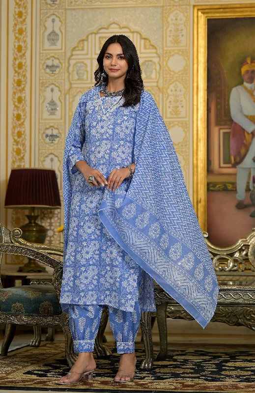 Indian Fashion Women Blue Embroidery Viscose Rayon Kurta, Pant And Dupatta Set Elegant High-Waist Pants