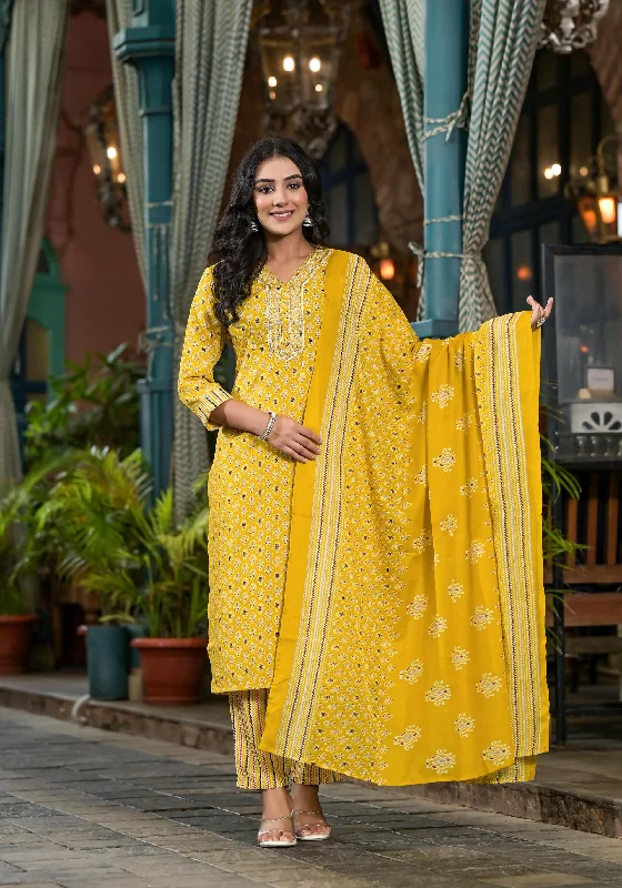 Juniper Women's Mustard Ethnic Motif Printed Cotton Kurta Pant And Dupatta Set With Mirror work & Sequins Cozy Knit Pants
