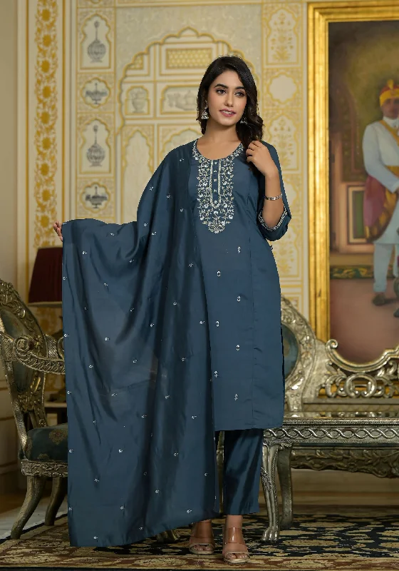Juniper Women's Grey Thread & Zari Embroidered Viscose Kurta Pant And Dupatta Set Elegant High-Waist Pants
