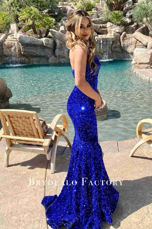 Royal Blue Sequined Strapless Mermaid Prom Dress Tunics Leisure comfortable