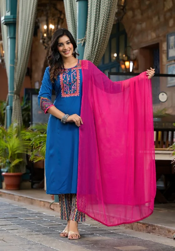 Juniper Women's Blue Thread Embroidered Liva Rayon Kurta Pant And Dupatta Set With Mirror Work Beads & Coins Wide-Legged Palazzos