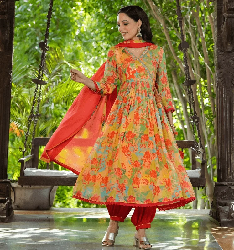 Aastha Fashion Women's Printed Chinon Multicolor Kurti With Pant And Dupatta By Srf Jaipur Formal Wide-Leg Pants