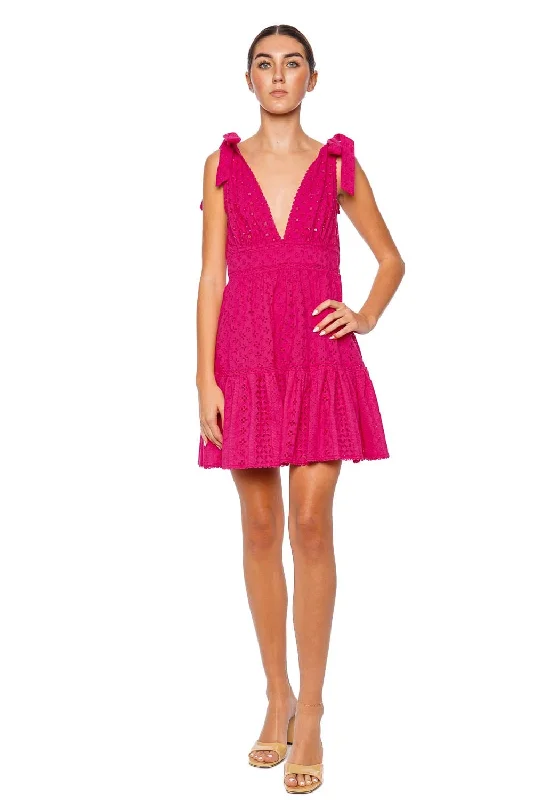 Cara Fuchsia Eyelet Cotton Mini Dress Casual High-Waist Mini Dress