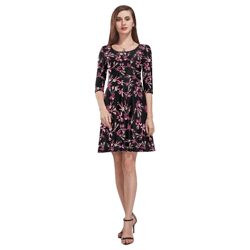 Floral Green Black Tethys Half-Sleeve Skater Dress Turtleneck Neckline Stylish
