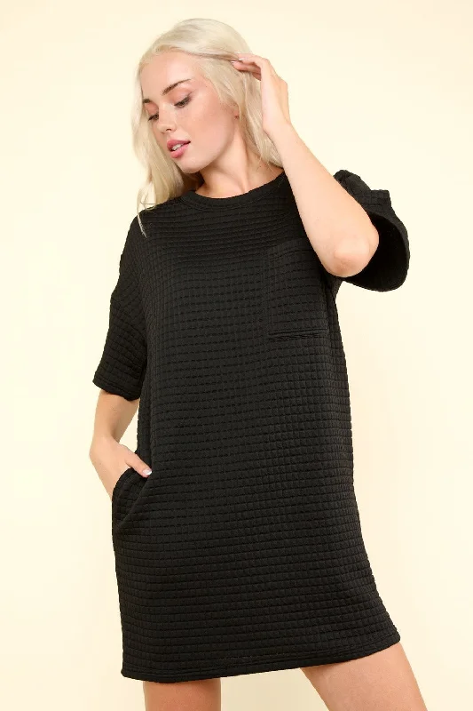 Oversized Quilted Basic Shift Mini Dress- Black Classic Floral Mini Dress