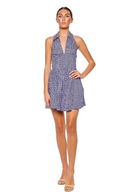 Aya Collared Navy Gingham Mini Dress Fashionable Polka Dot Mini Dress