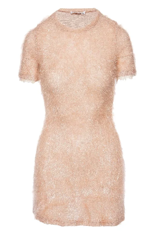 Light Pink Eyelash Short Sleeve Mini Dress Comfortable Fit-and-Flare Mini Dress