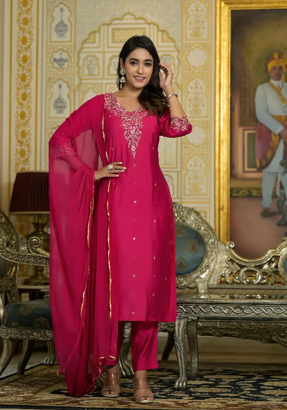 Juniper Women's Fuchsia Zari Embroidered Viscose Kurta Pant And Dupatta Set With Lace Trendy Wide-Leg Pants