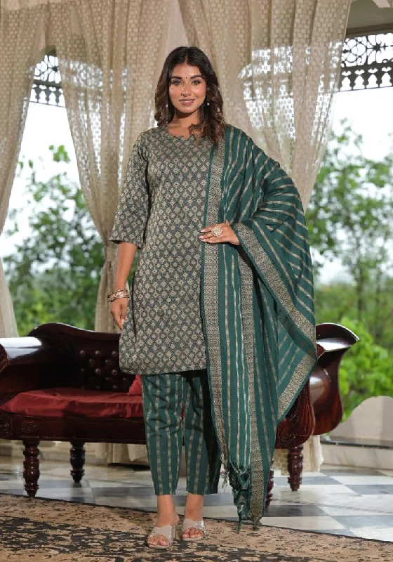 Juniper Women's Green Geometric Printed Cotton Kurta Pant Set With Tassels On Dupatta Lightweight Jogger Pants