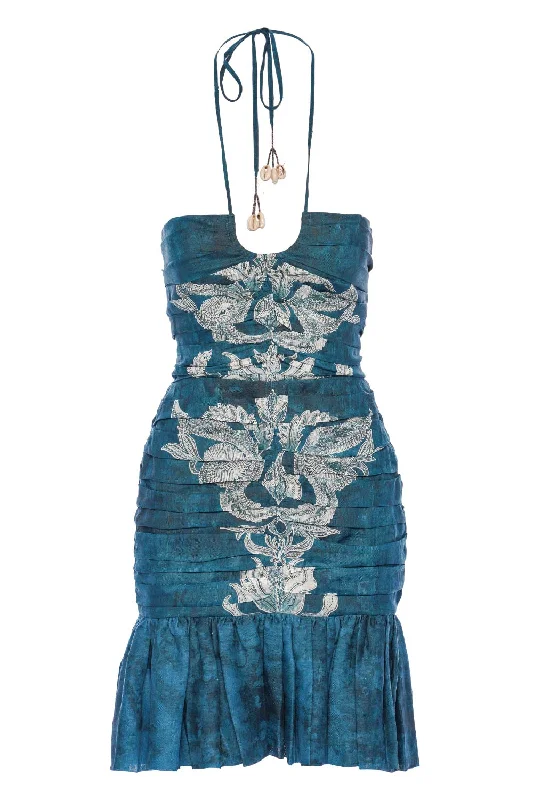 Popa Blue Marmol Mini Dress Chic Puff Sleeve Mini Dress
