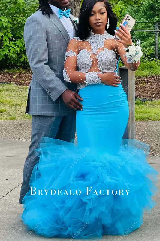 Silver Lace Pool Blue Ruffled Floor Length Trumpet Prom Dress Tunics Long Elegant