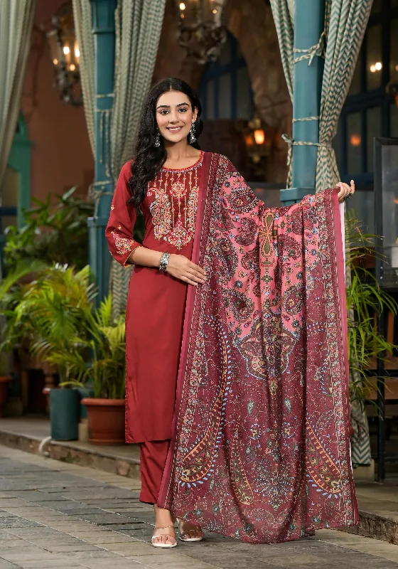 Juniper Women's Brown Thread Embroidered Liva Rayon Kurta Pant And Dupatta Set With Sequins Stretch Fit Pants