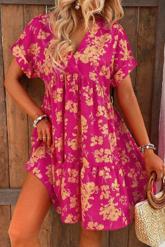 Rose Floral Print Batwing Sleeve Smock Dress Crew Neckline Casual