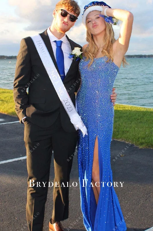 Sparkly Ocean Blue Thin Straps Slit Homecoming Dress Tunics Velvet soft