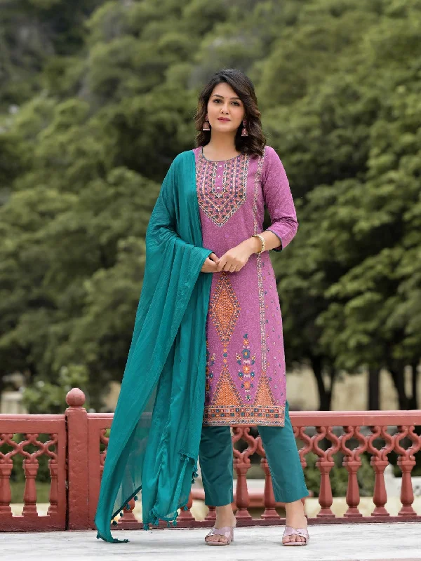 Juniper Women's Lavender Ethnic Motif Printed Liva Rayon Kurta Pant And Dupatta Set With Buttons & Tassels Warm Wool Trousers
