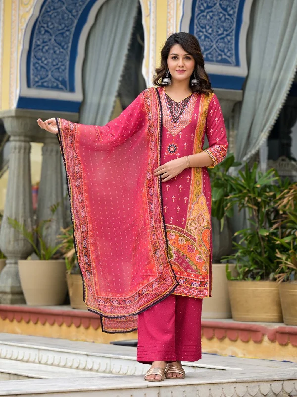 Juniper Women's Maroon Ethnic Motif Printed Liva Rayon Kurta Pant And Dupatta Set With Mirror Work & Sequins Trendy Printed Pants