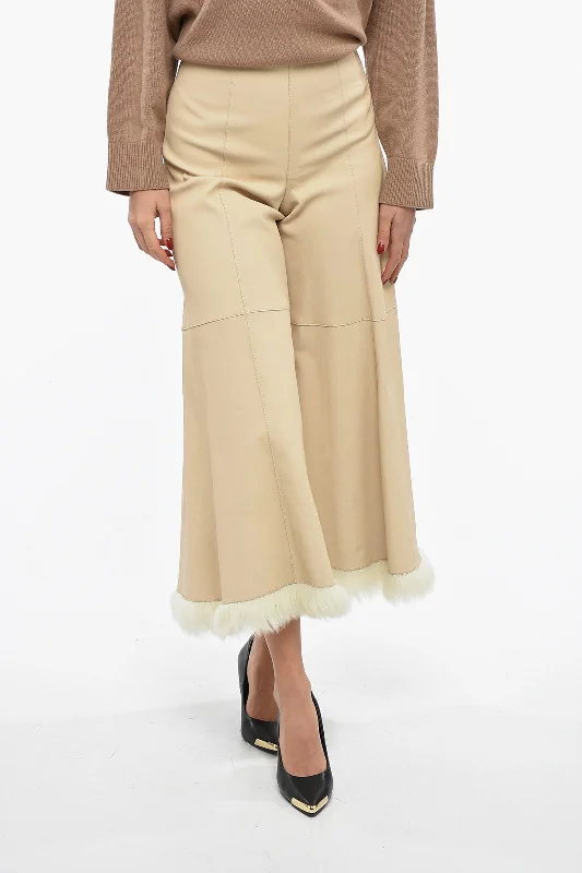 By Malene Birger Leather MURIELL Cut-Out Pants with Fur on the Hem 44 Italian size Relaxed Casual Leggings
