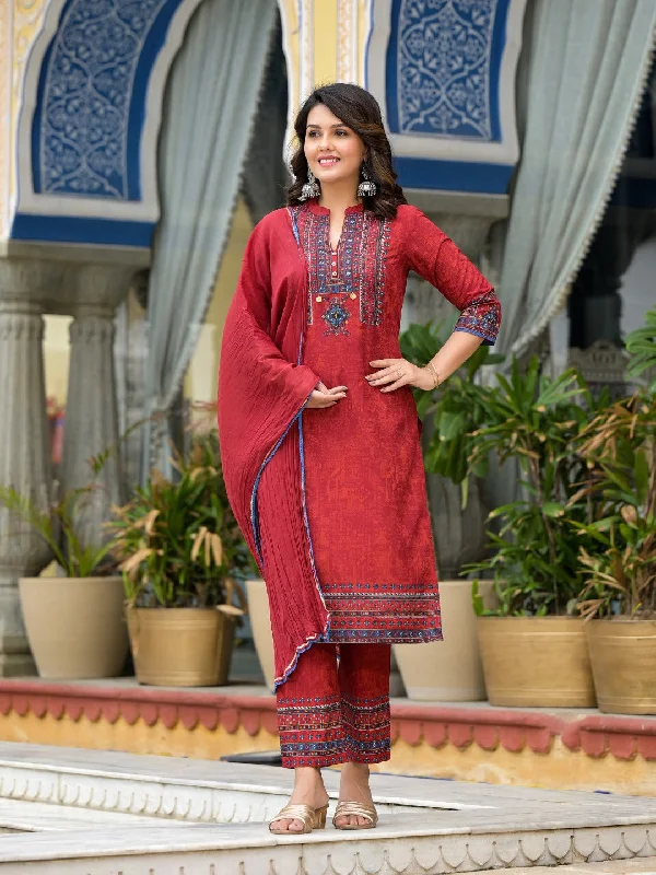 Juniper Women's Red Ethnic Motif Printed Liva Rayon Kurta Pant And Dupatta Set With Coins & Sequins Chic Faux Leather Pants