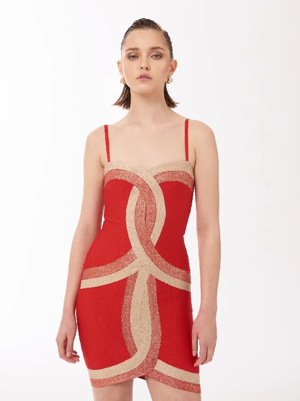Contrast Panel Bandage Mini Dress in Red and Gold Cozy Ruched Mini Dress