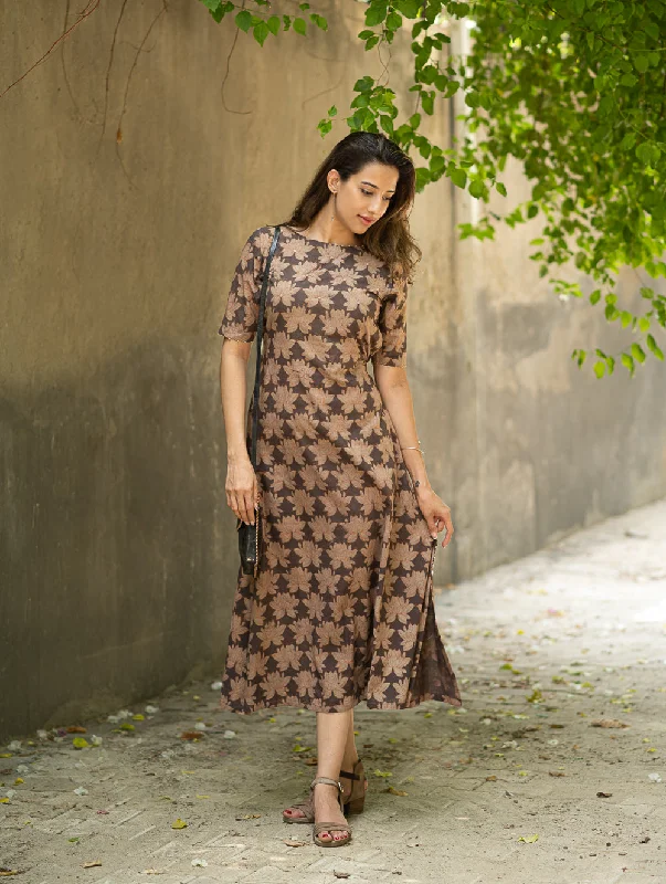 The Work Edit. Bagru Hand Block Printed Cotton Dress - Brown Lotus Tunics Essential wardrobe