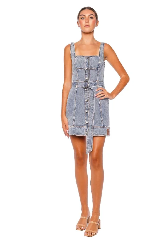 Zariah Belted Denim Mini Dress Fashionable Lace Mini Dress