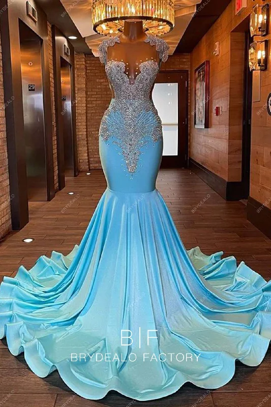 Rhinestones Pool Blue Spandex Knit Mermaid Long Train Prom Dress Tunics Stylish modern