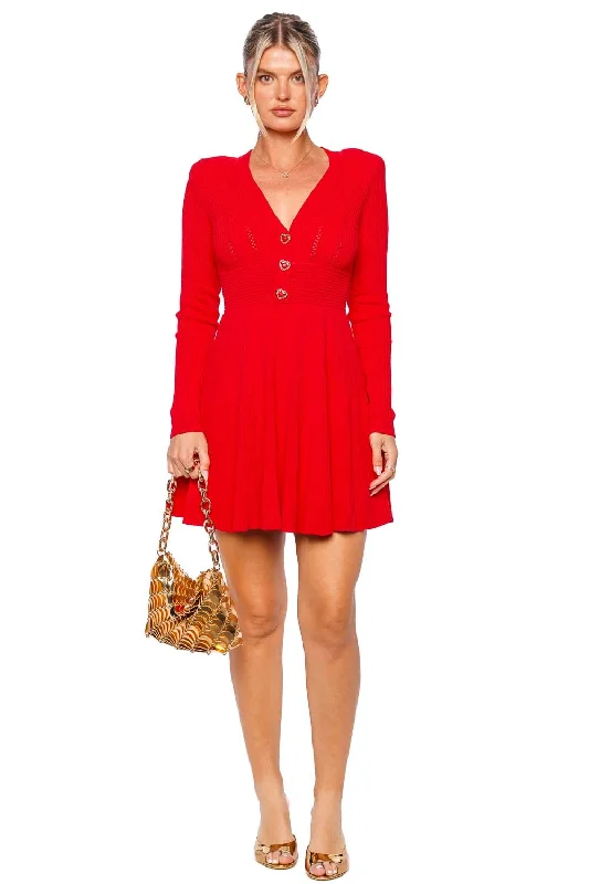 Red Pointelle Knit Long Sleeve Mini Dress Cozy Satin Mini Dress