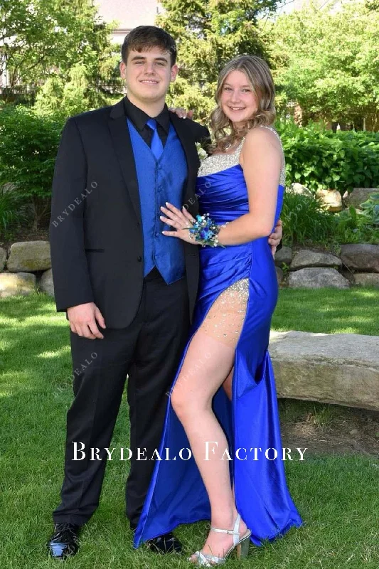 Royal Blue Crystal Straps Pleated Slit Homecoming Dress Tunics Yoga stretchy