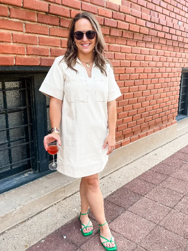 Denim Short Sleeve Collared Mini Dress- Sand Cozy A-Line Mini Dress