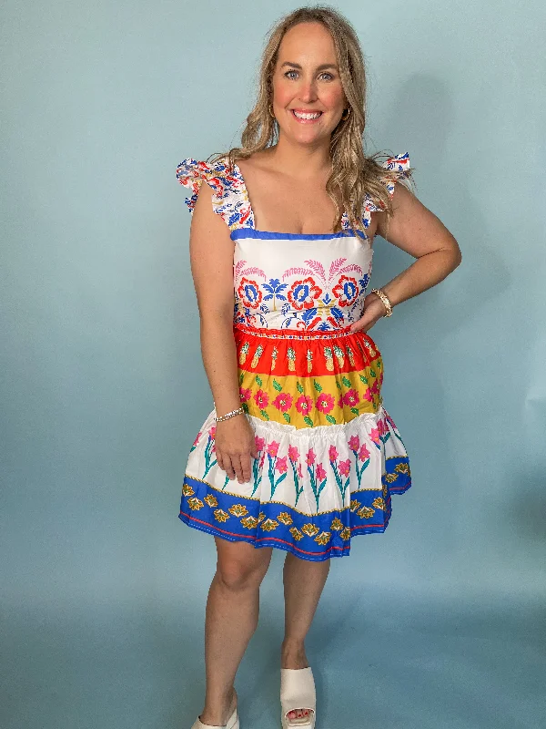 Floral Ruffle Tiered Mini Dress- White Multi Fashionable Boho-Chic Mini Dress