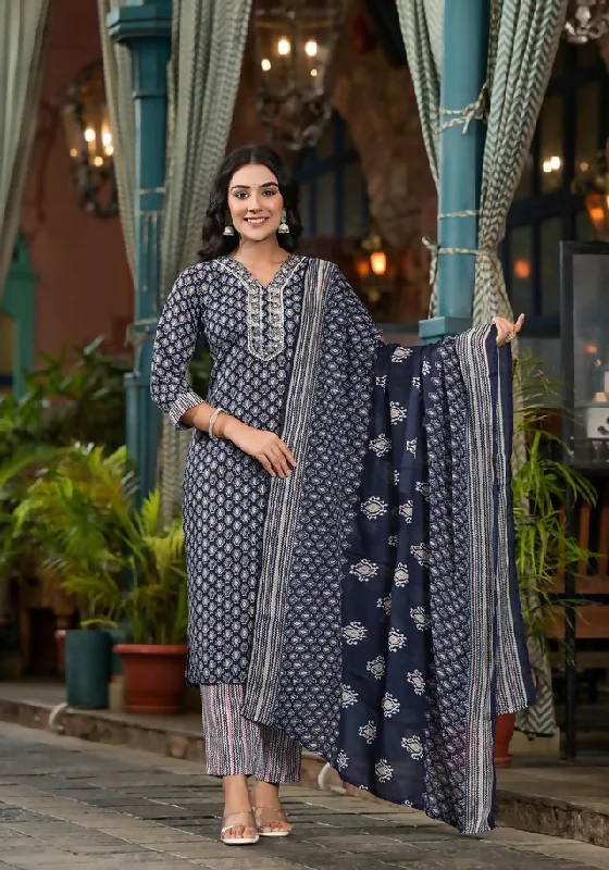 Juniper Women's Navy Ethnic Motif Printed Cotton Kurta Pant And Dupatta Set With Mirror Work & Sequins Soft Wool Pants