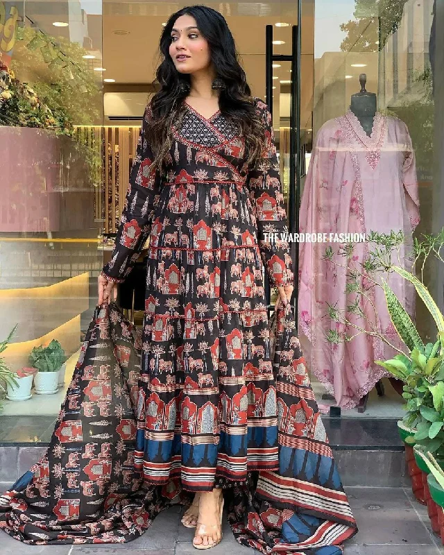 Preksha Creation Indian Beautiful Heavy Fully Flared Anarkali Stitched Suit With Dupatta and Pant - Black Trendy Wide-Legged Trousers