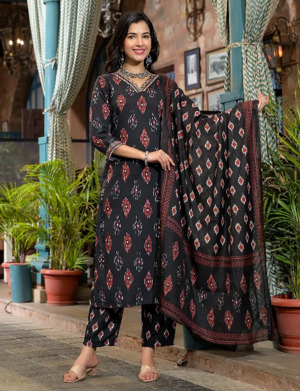 Indian Fashion Women Black Embroidery Viscose Rayon Kurta, Pant And Dupatta Set Casual Track Pants