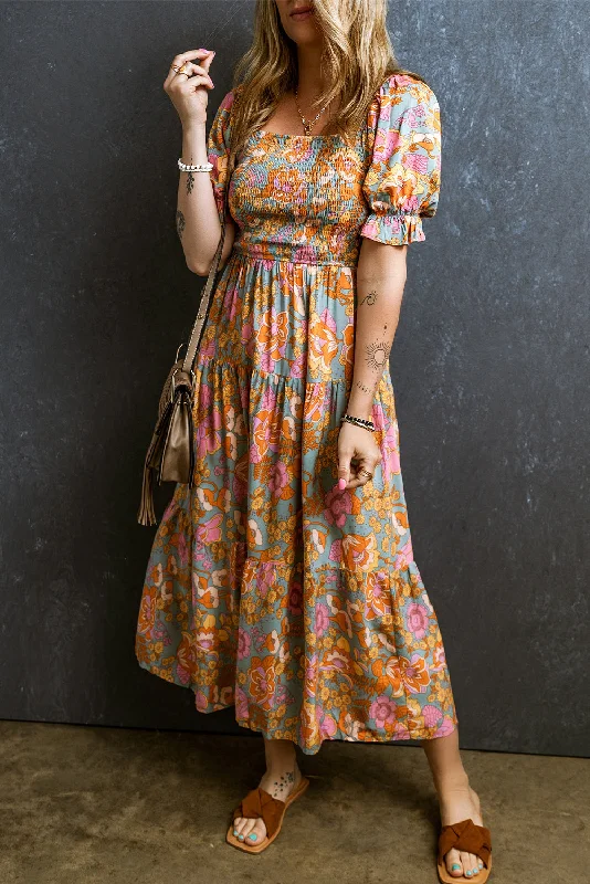 Yellow Smocked Bodice High Waist Puff Sleeve Floral Dress Shift Classic Vintage