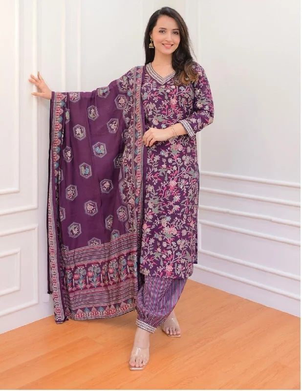 Indian Fashion Women Purple Embroidery Viscose Rayon Kurta, Pant And Dupatta Set Comfy Zip-Up Pants