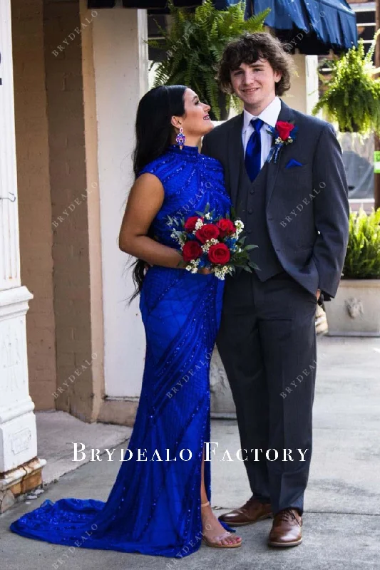 Prom Dress | Sparkly Royal Blue Sequined Mermaid Formal Gown Turtleneck Neckline Stylish