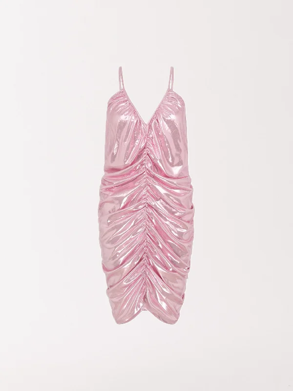 Metallic Ruched Mini Dress in Pink Elegant Mini Dress with Ruffles