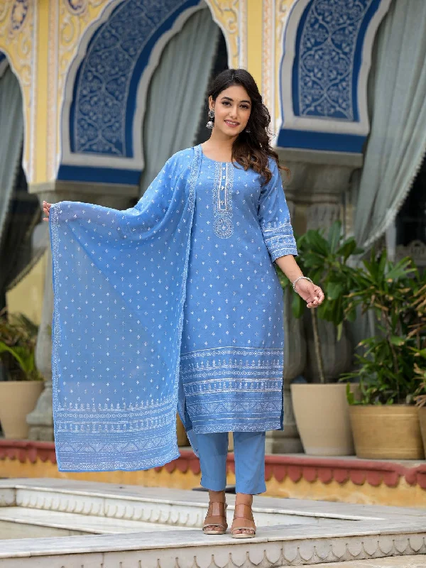 Juniper Women's Blue Ethnic Motif Printed Liva Rayon Kurta Pant And Dupatta Set With Beads Sequins & Lace Chic Black Leggings