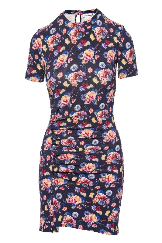 Navy Floral Ruched Mini Dress Trendy Off-Shoulder Dress Mini