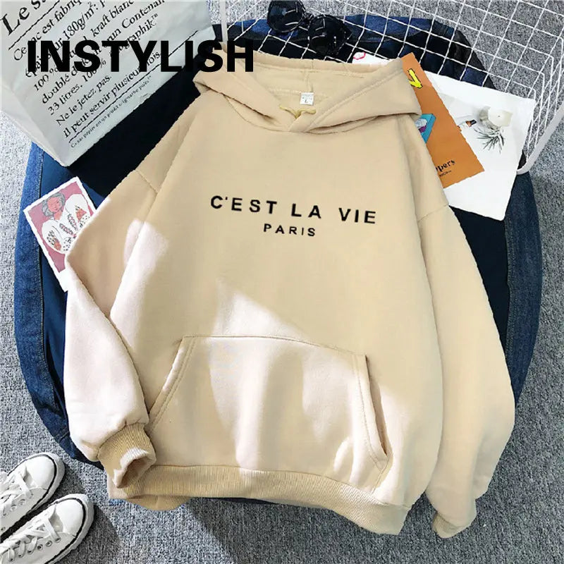 Women Casual Print Loose Hoodies Spring Long Sleeve Hooded Sweatshirt Harajuku Simple Tops Lazy Style Pullover 2023 Streetwear Hoodie with Elastic Waist Stretchable Comfortable