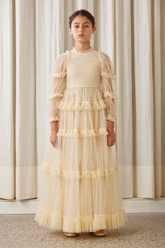 AW1136-Tulle Pleated Frill Dress-Cream Tunics Silk luxurious