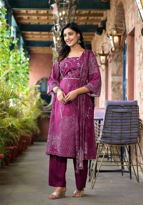 Juniper Women's Wine Abstract Printed Liva Rayon A-Lined Kurta Pant And Dupatta Set With Doris At Waist Lightweight Linen Pants