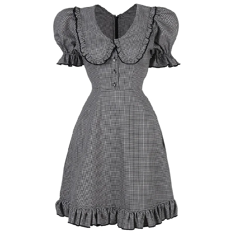 Aviva on Earth -Short Puff Sleeve Doll Collar Mini Dress with Ruffle Comfortable Zip-Up Mini Dress