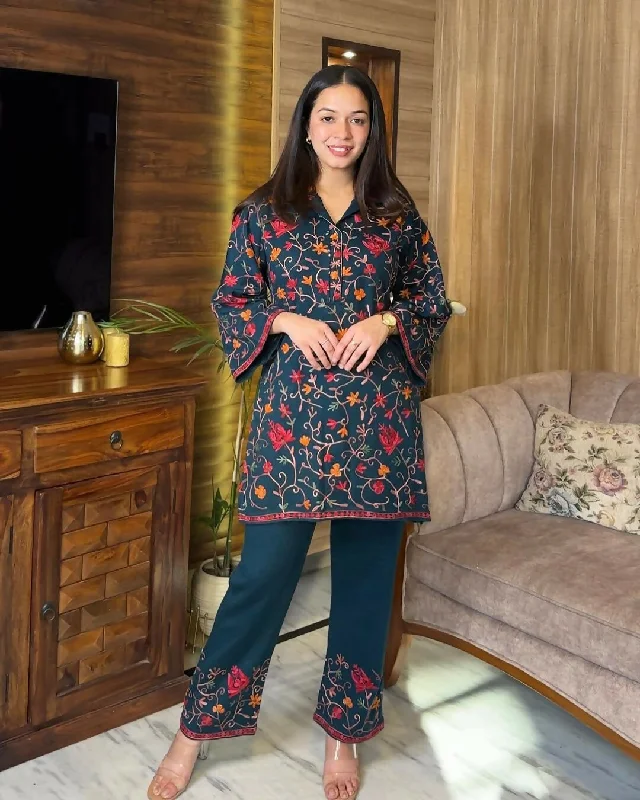 Preksha Creation Designer Suit On heavy Rayon fabric With inner and Chain-Stitch work With Pant - Dark Blue Stylish Elastic Waist Pants