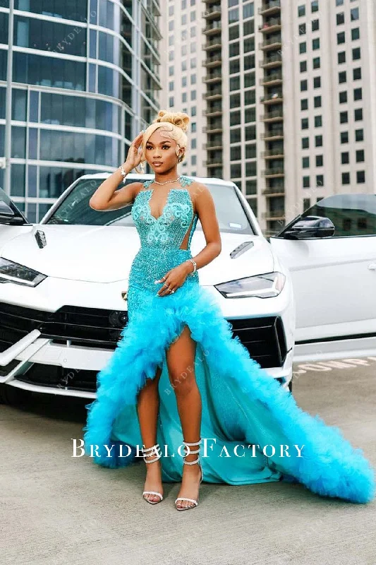 Pool Rhinestones Sequined Slit Long Train Prom Dress Tunics Luxurious high-end